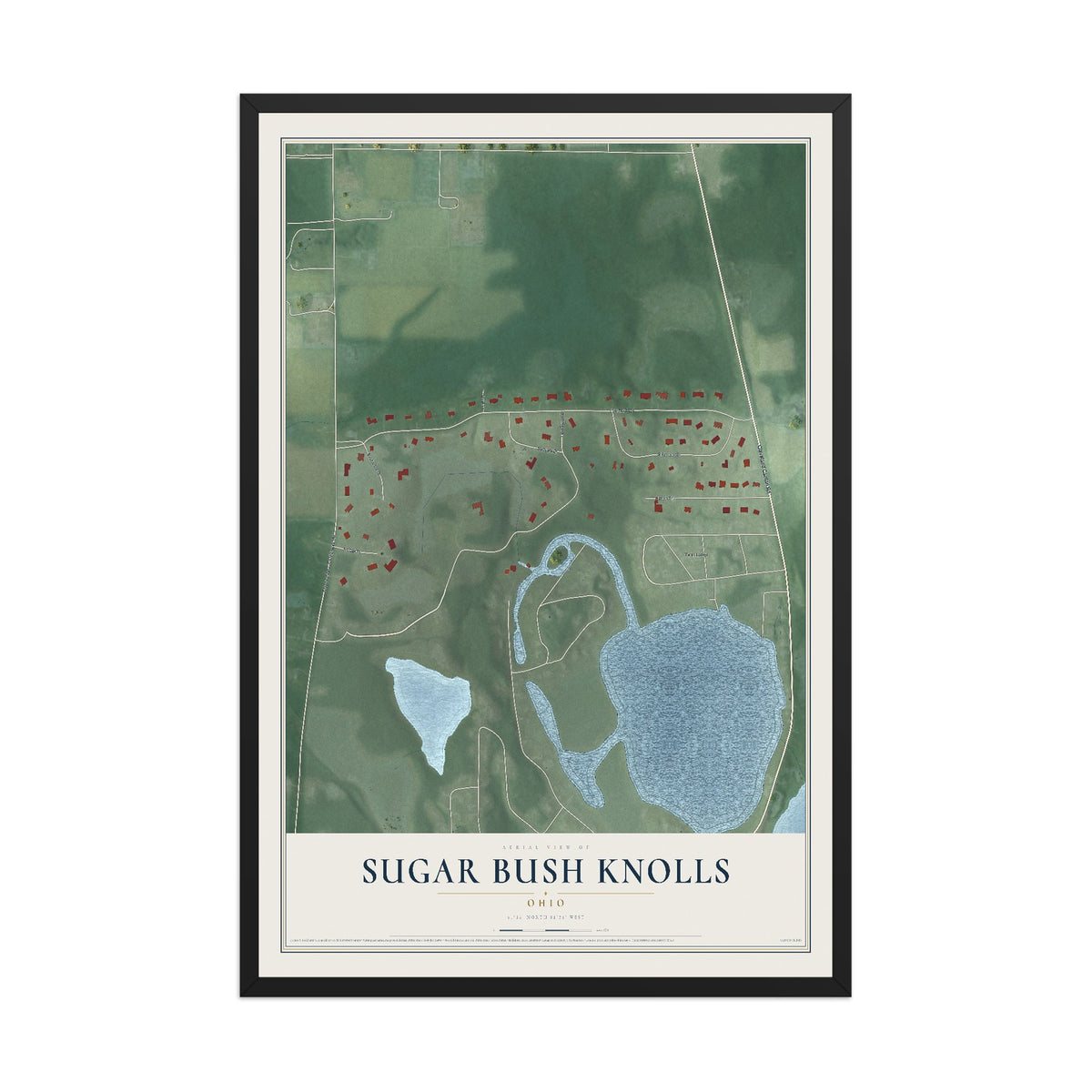 Map of Sugar Bush Knolls, Ohio, 12 x 18 inch print in a black wood frame