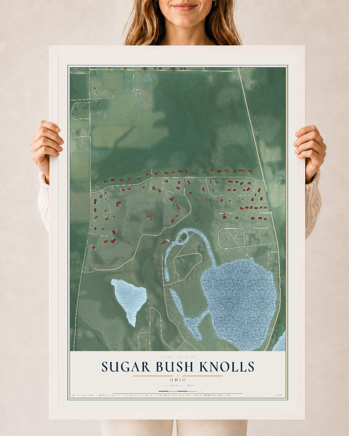 Map of Sugar Bush Knolls, Ohio, 24 x 36 inch print in a white wood frame