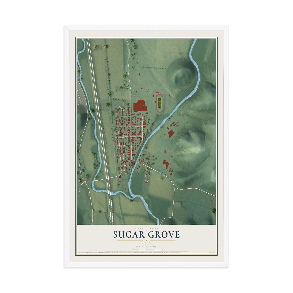 Map of Sugar Grove, Ohio, 12 x 18 inch print in a white wood frame