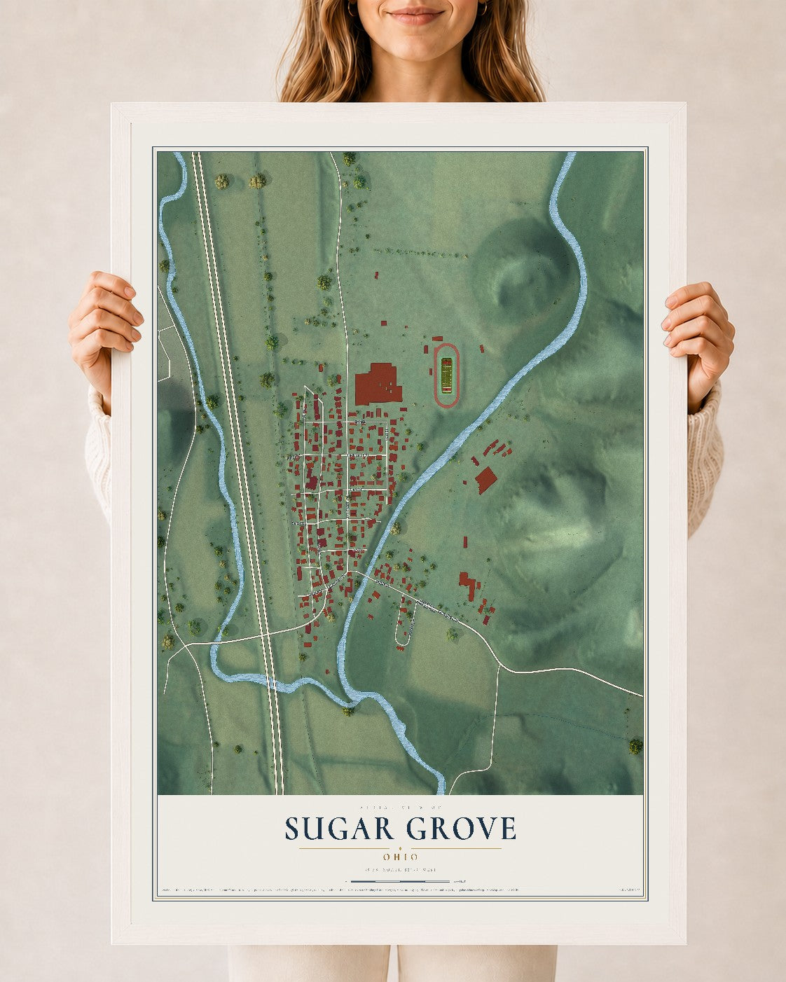 Map of Sugar Grove, Ohio, 24 x 36 inch print in a white wood frame