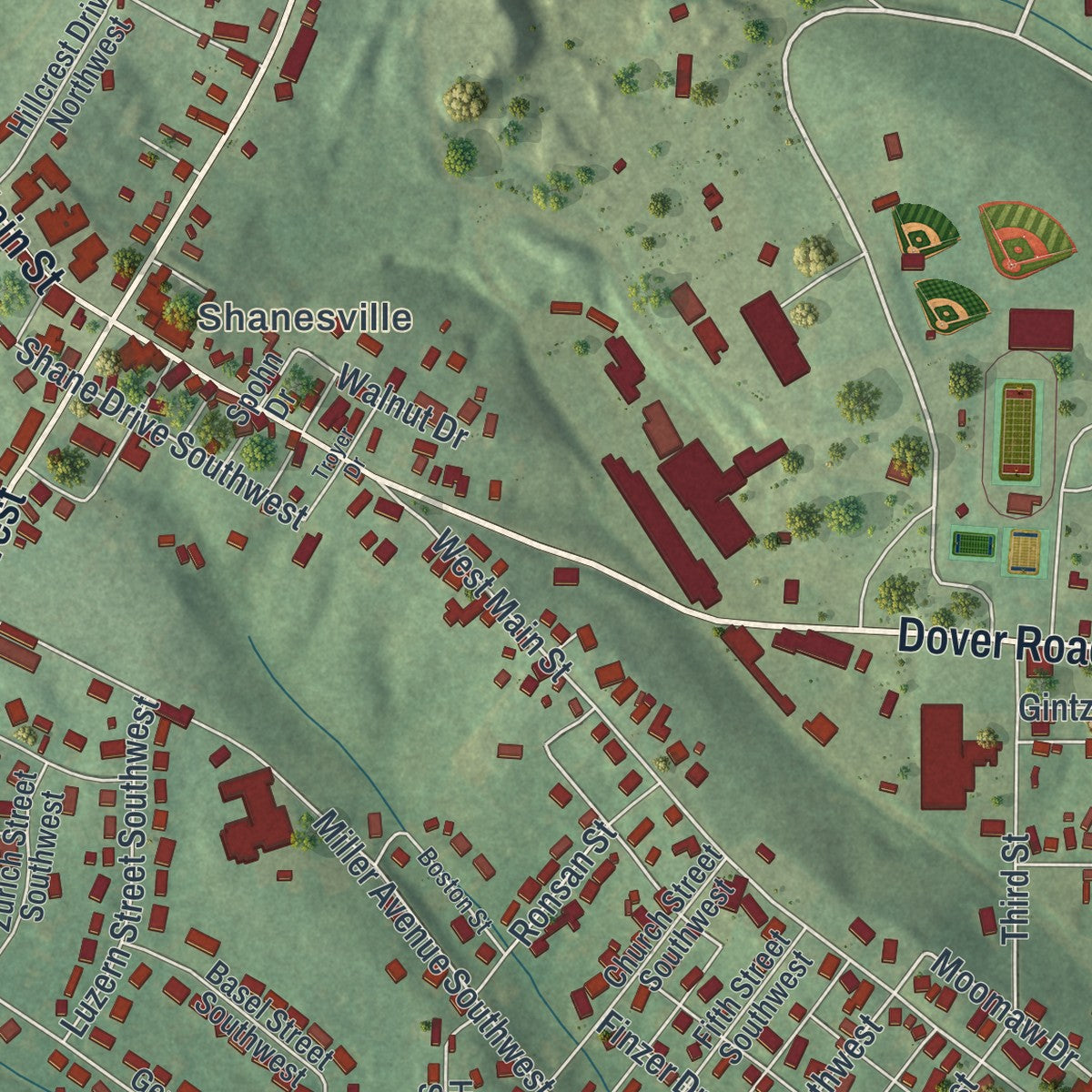 Close-up of the map of Sugarcreek, Ohio print showing street and building detail
