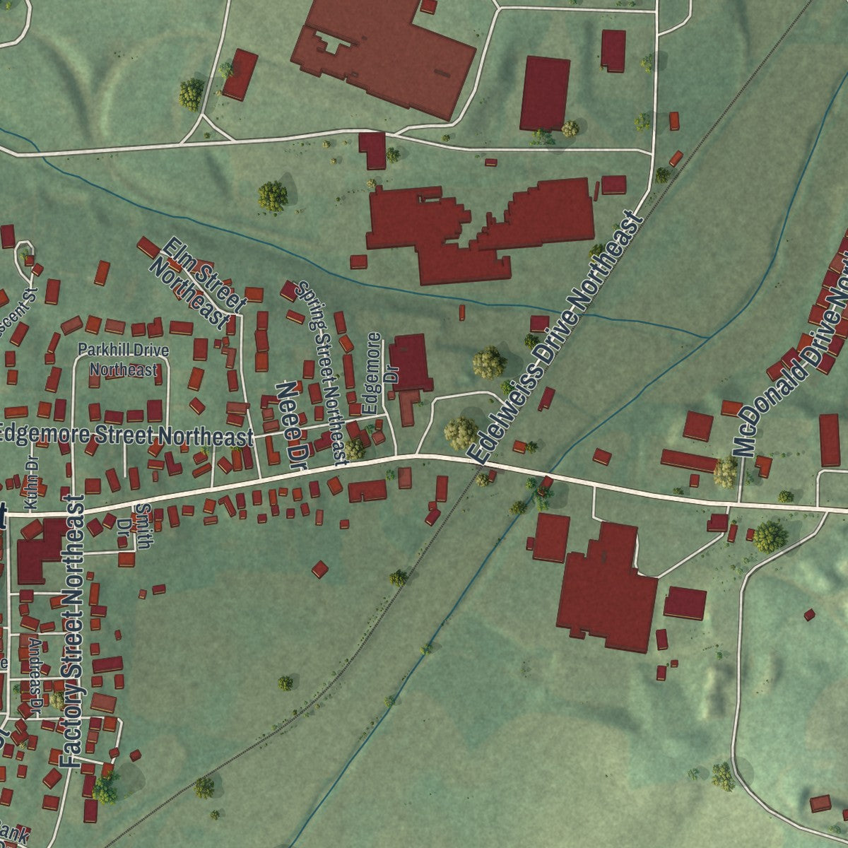 Second close-up of the map of Sugarcreek, Ohio print showing more streets and buildings