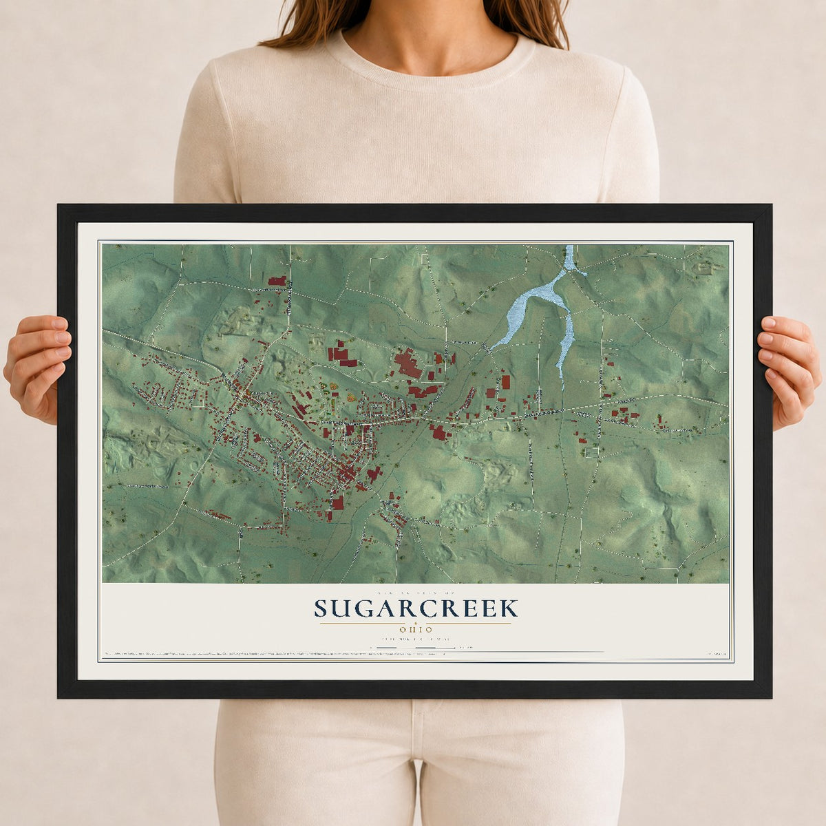 Map of Sugarcreek, Ohio, 12 x 18 inch print in a black wood frame