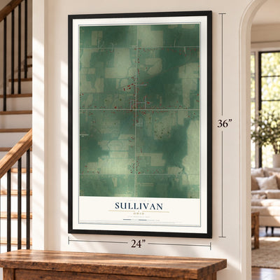 Sullivan, Ohio map, 24 x 36 inch print in a black frame by a staircase