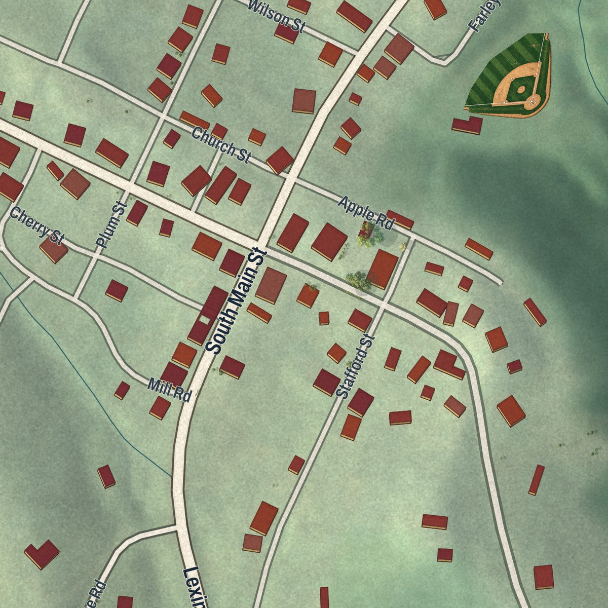Close-up of the map of Summerfield, Ohio print showing street and building detail