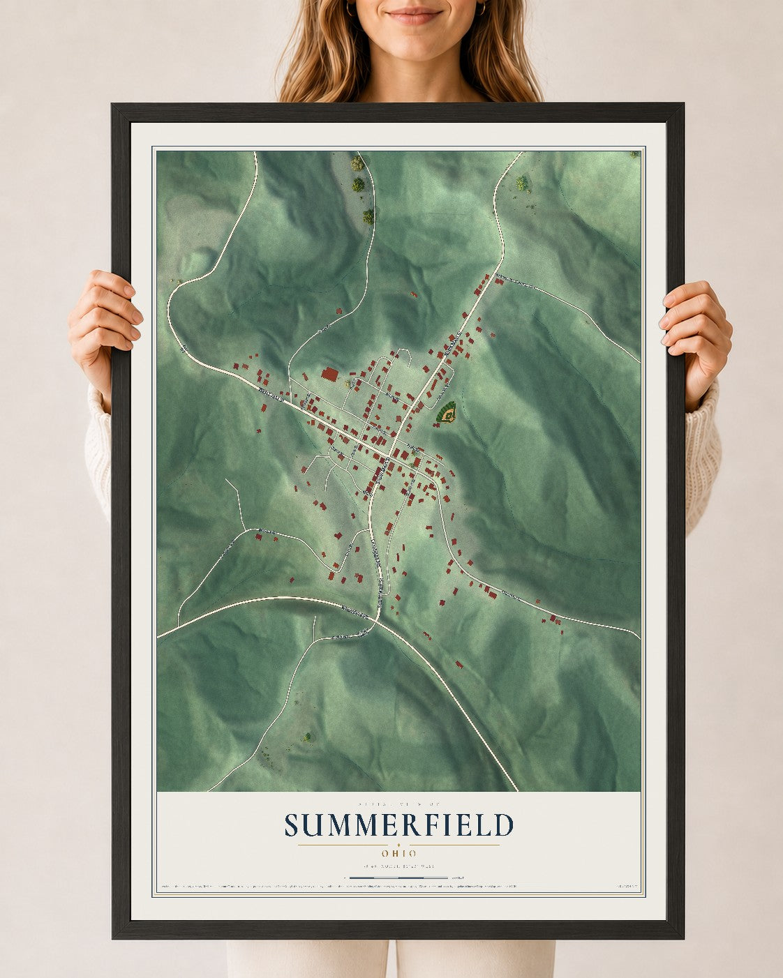 Map of Summerfield, Ohio, 24 x 36 inch print in a black wood frame