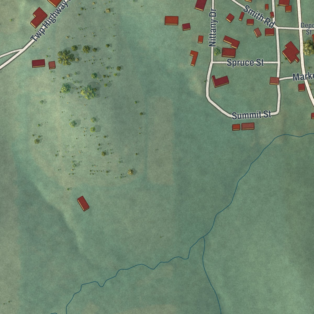 Second close-up of the map of Summitville, Ohio print showing more streets and buildings