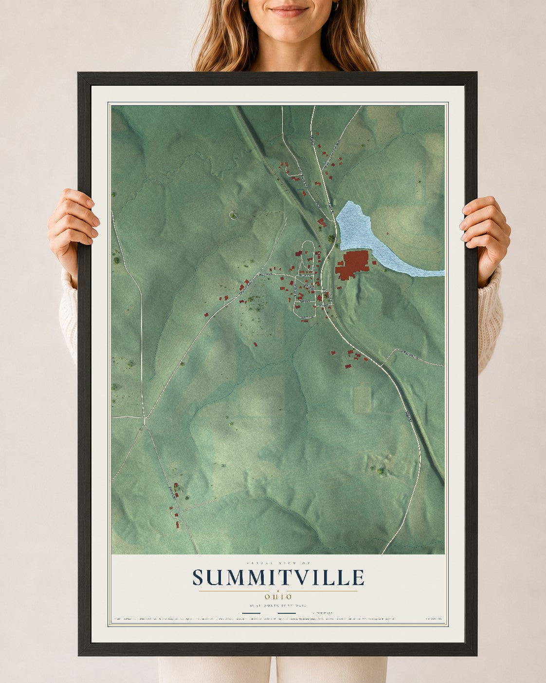 Map of Summitville, Ohio, 24 x 36 inch print in a black wood frame