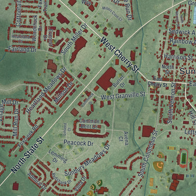 Close-up of the map of Sunbury, Ohio print showing street and building detail