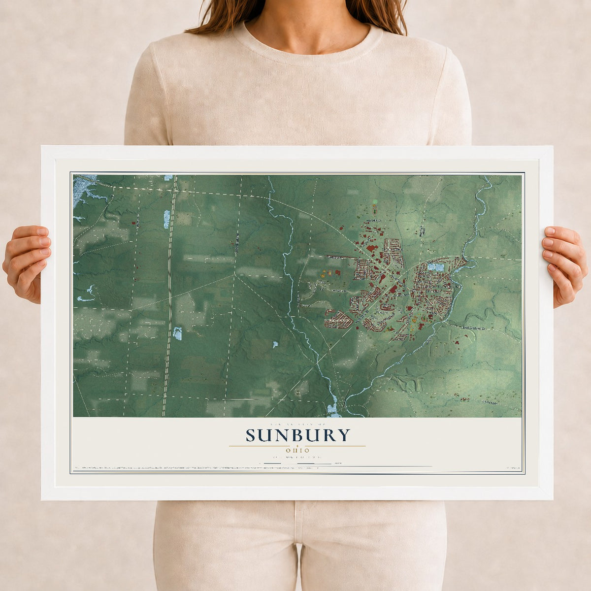 Map of Sunbury, Ohio, 12 x 18 inch print in a white wood frame
