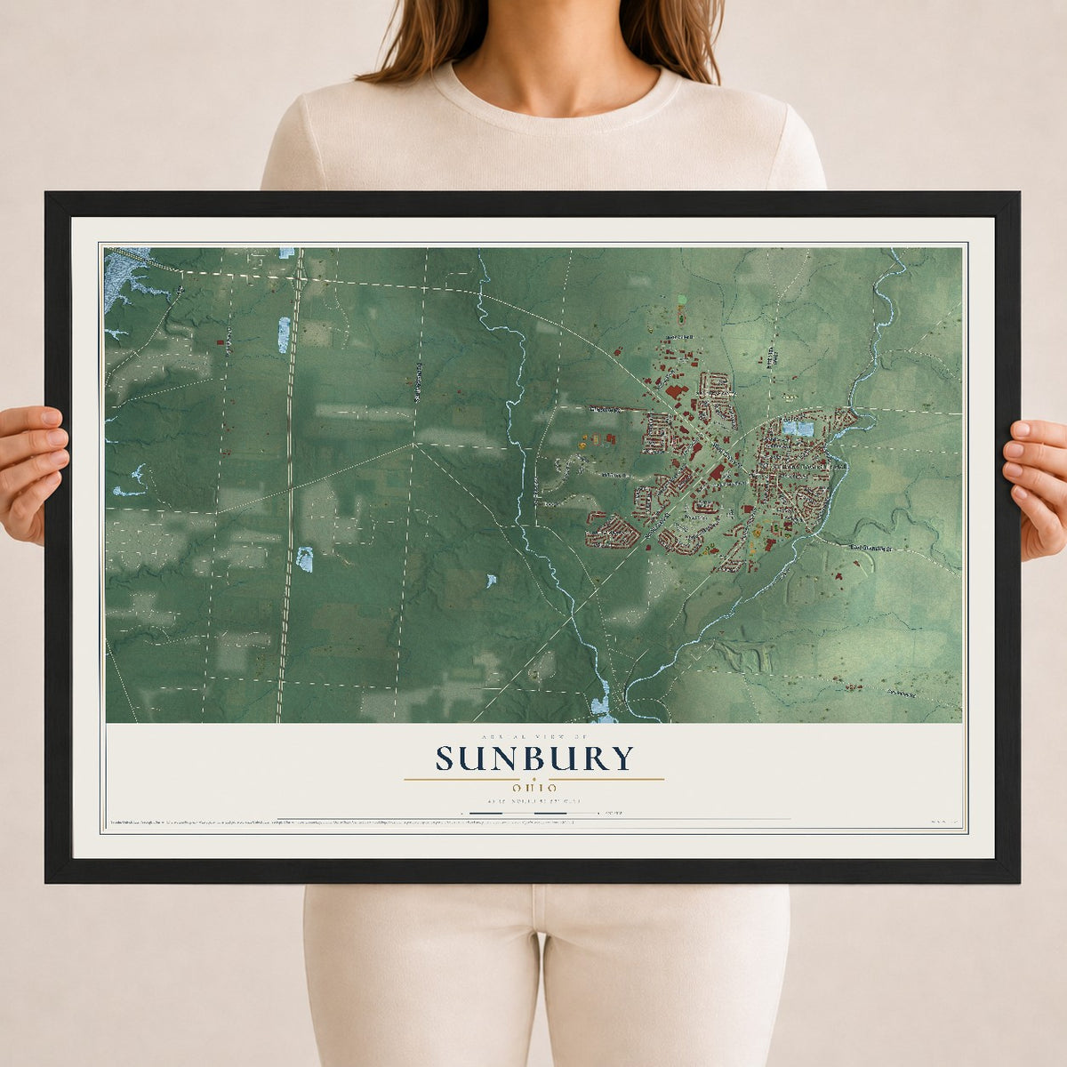Map of Sunbury, Ohio, 18 x 24 inch print in a black wood frame
