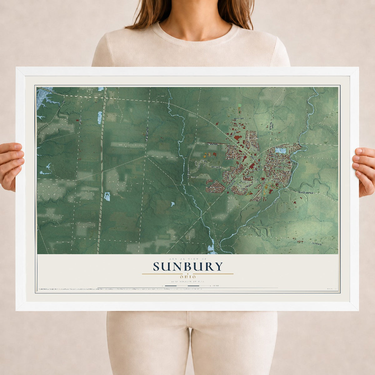 Map of Sunbury, Ohio, 18 x 24 inch print in a white wood frame