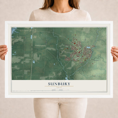 Map of Sunbury, Ohio, 18 x 24 inch print in a white wood frame