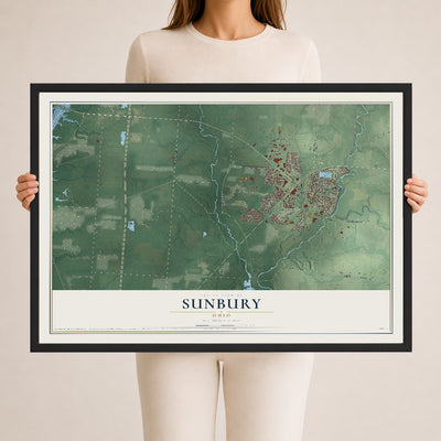 Map of Sunbury, Ohio, 24 x 36 inch print in a black wood frame