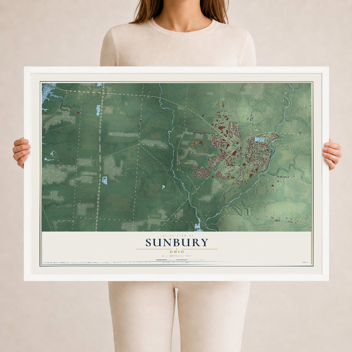 Map of Sunbury, Ohio, 24 x 36 inch print in a white wood frame