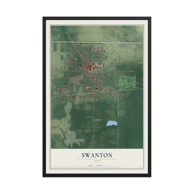 Map of Swanton, Ohio, 12 x 18 inch print in a black wood frame