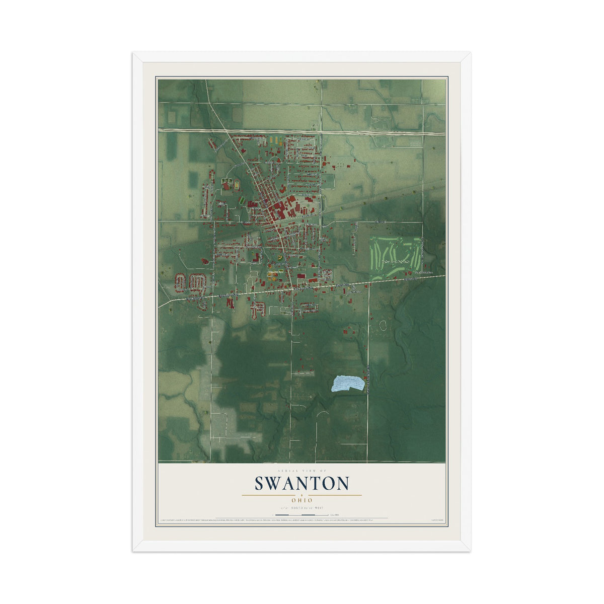 Map of Swanton, Ohio, 12 x 18 inch print in a white wood frame