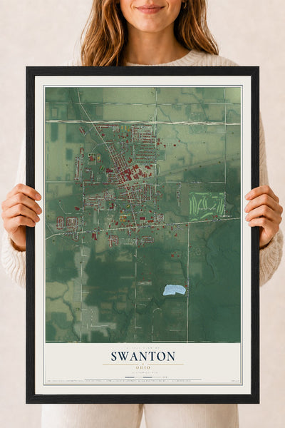 Map of Swanton, Ohio, 18 x 24 inch print in a black wood frame