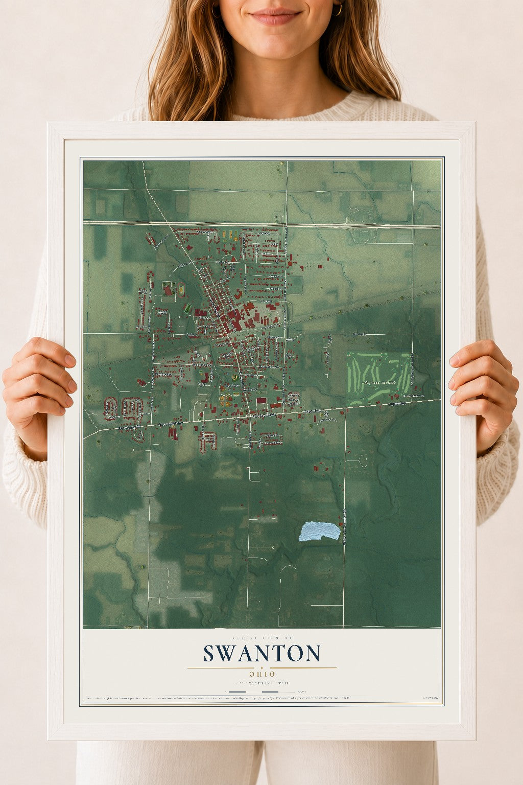 Map of Swanton, Ohio, 18 x 24 inch print in a white wood frame