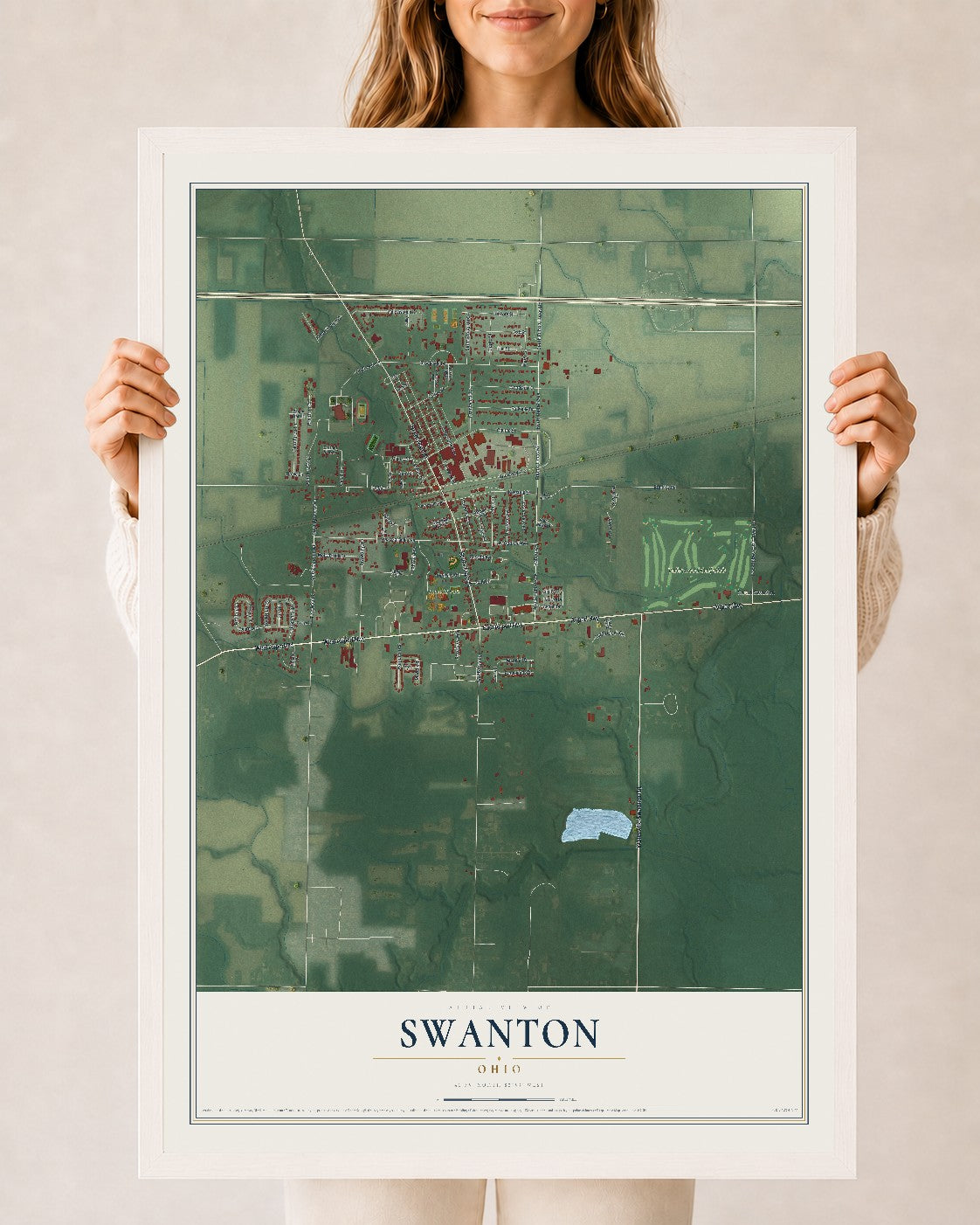 Map of Swanton, Ohio, 24 x 36 inch print in a white wood frame