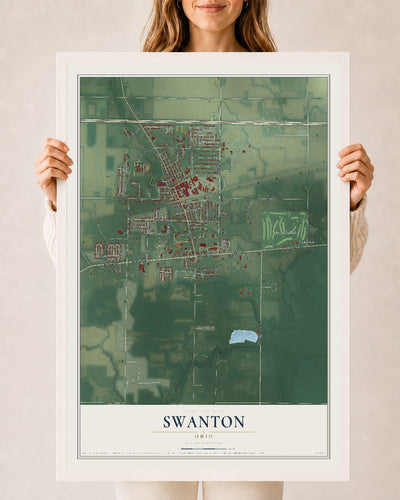 Map of Swanton, Ohio, 24 x 36 inch print in a white wood frame