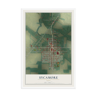Map of Sycamore, Ohio, 12 x 18 inch print in a white wood frame