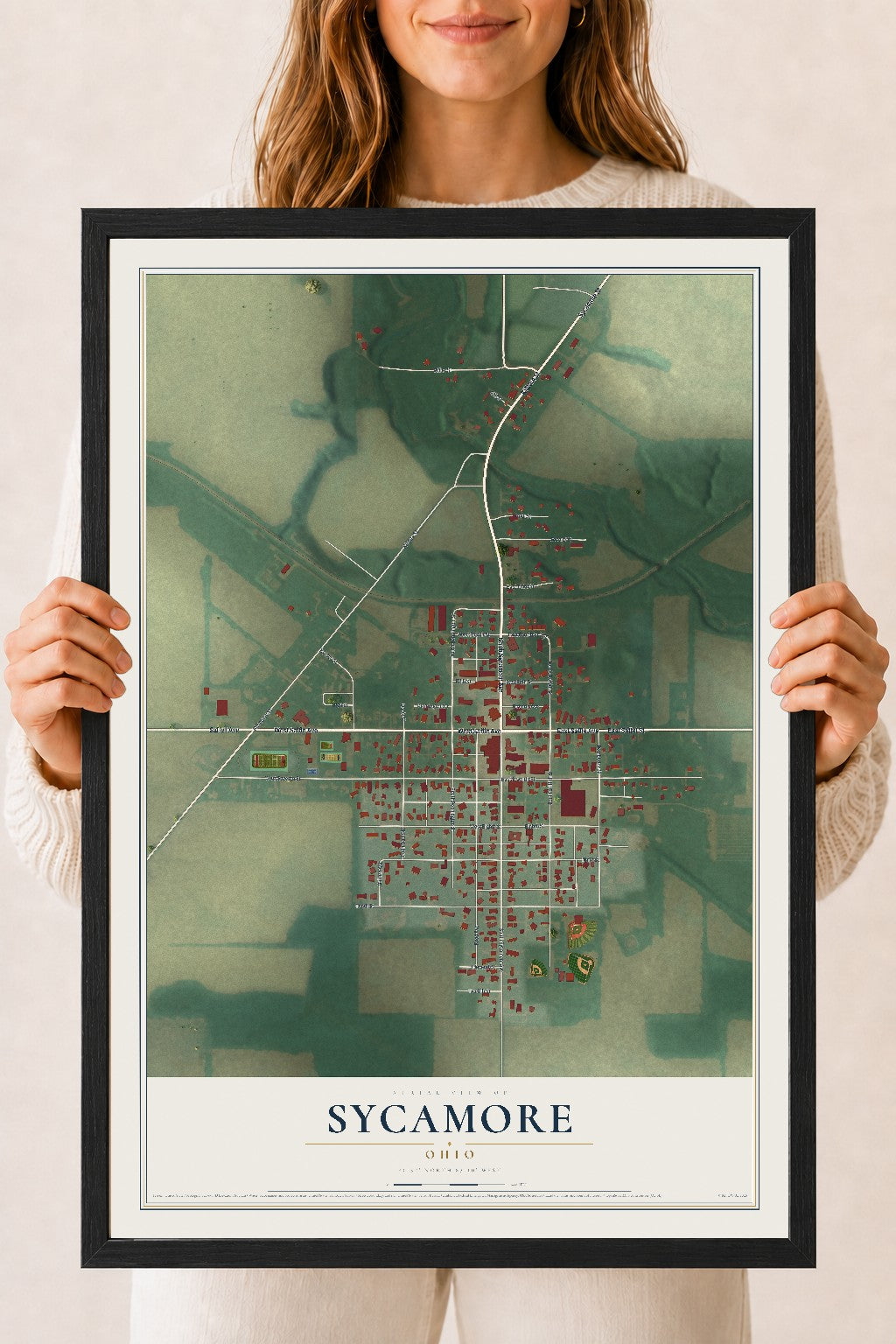 Map of Sycamore, Ohio, 18 x 24 inch print in a black wood frame
