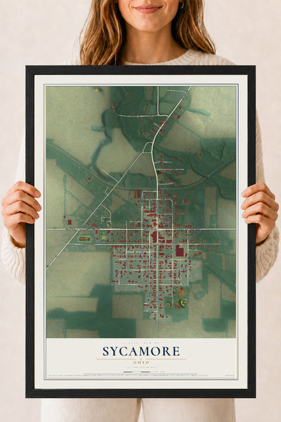 Map of Sycamore, Ohio, 18 x 24 inch print in a black wood frame