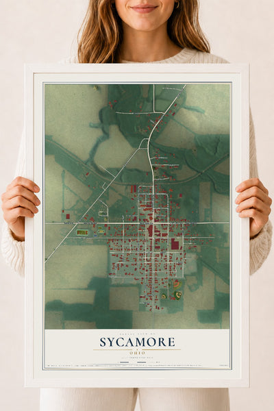 Map of Sycamore, Ohio, 18 x 24 inch print in a white wood frame