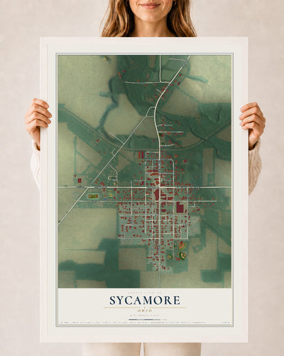 Map of Sycamore, Ohio, 24 x 36 inch print in a white wood frame