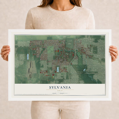 Map of Sylvania, Ohio, 12 x 18 inch print in a white wood frame