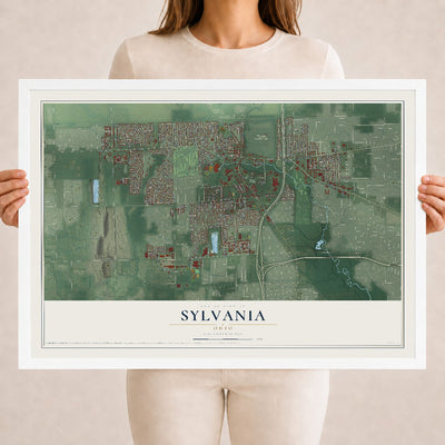 Map of Sylvania, Ohio, 18 x 24 inch print in a white wood frame