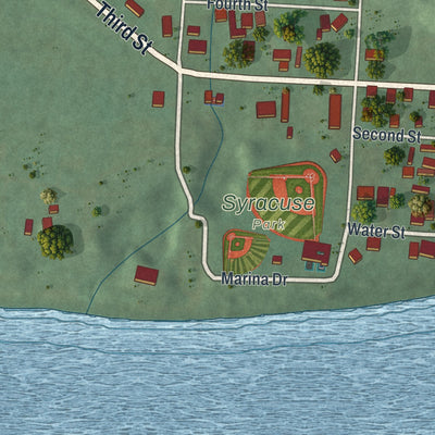 Close-up of the map of Syracuse, Ohio print showing street and building detail
