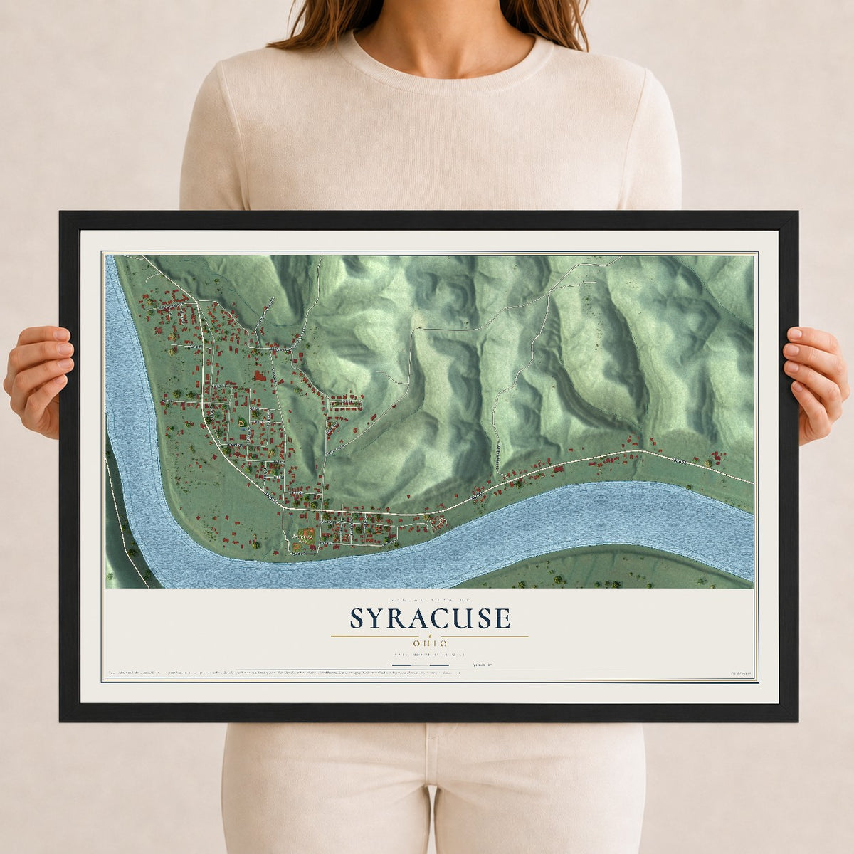 Map of Syracuse, Ohio, 12 x 18 inch print in a black wood frame