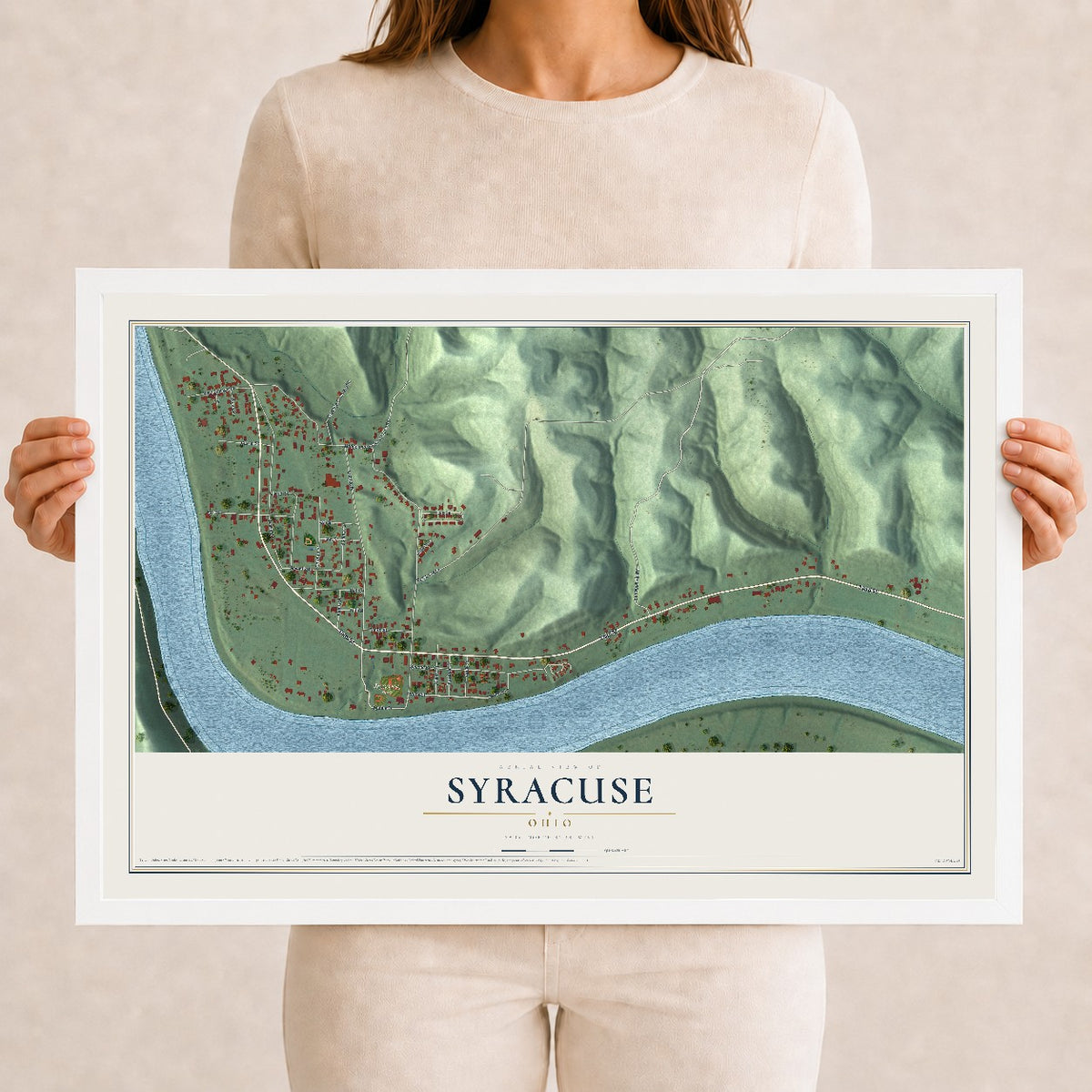 Map of Syracuse, Ohio, 12 x 18 inch print in a white wood frame