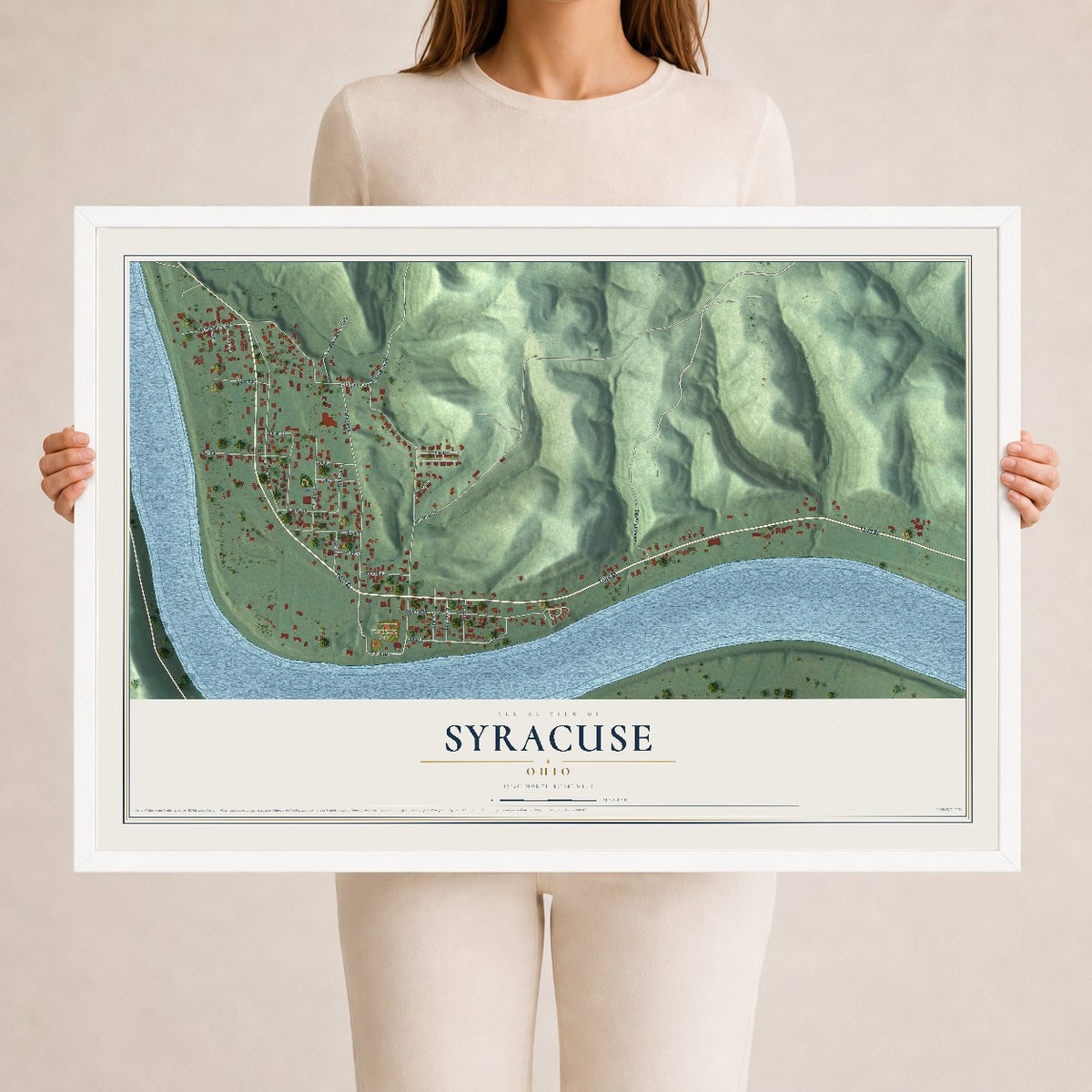 Map of Syracuse, Ohio, 24 x 36 inch print in a white wood frame