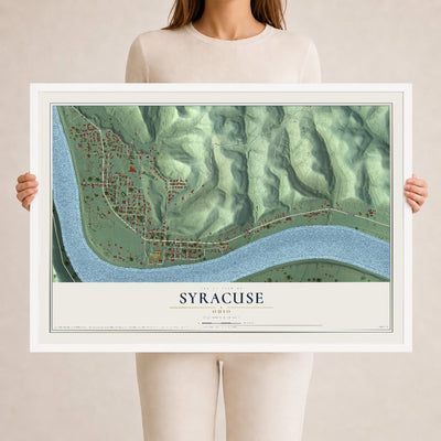Map of Syracuse, Ohio, 24 x 36 inch print in a white wood frame