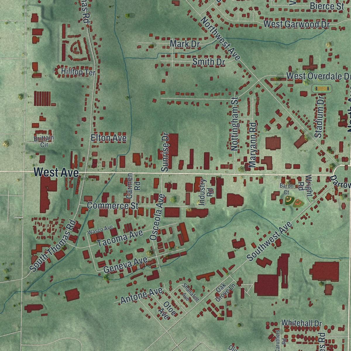 Second close-up of the map of Tallmadge, Ohio print showing more streets and buildings