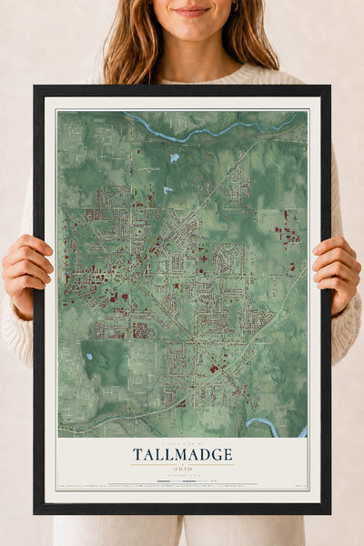 Map of Tallmadge, Ohio, 18 x 24 inch print in a black wood frame