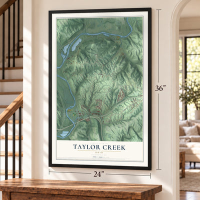 Taylor Creek, Ohio map, 24 x 36 inch print in a black frame by a staircase