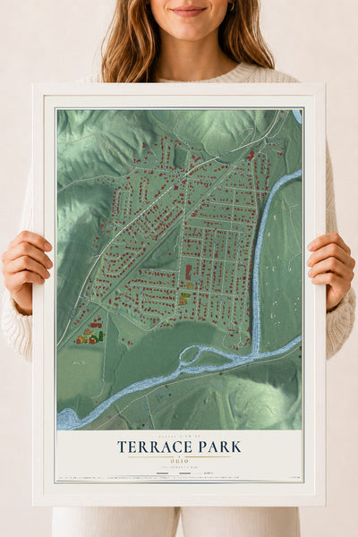 Map of Terrace Park, Ohio, 18 x 24 inch print in a white wood frame