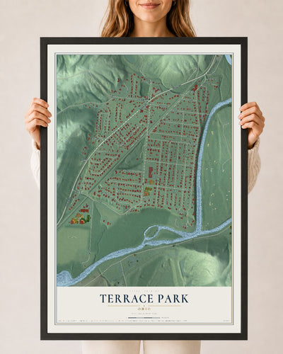 Map of Terrace Park, Ohio, 24 x 36 inch print in a black wood frame