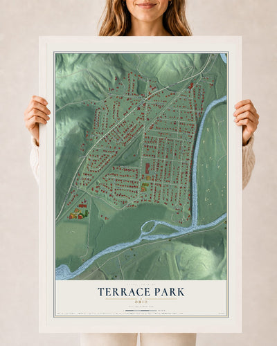 Map of Terrace Park, Ohio, 24 x 36 inch print in a white wood frame