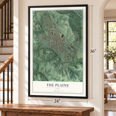 The Plains, Ohio map, 24 x 36 inch print in a black frame by a staircase