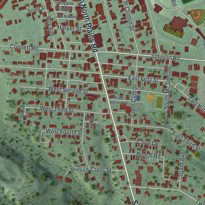 Close-up of the map of The Plains, Ohio print showing street and building detail