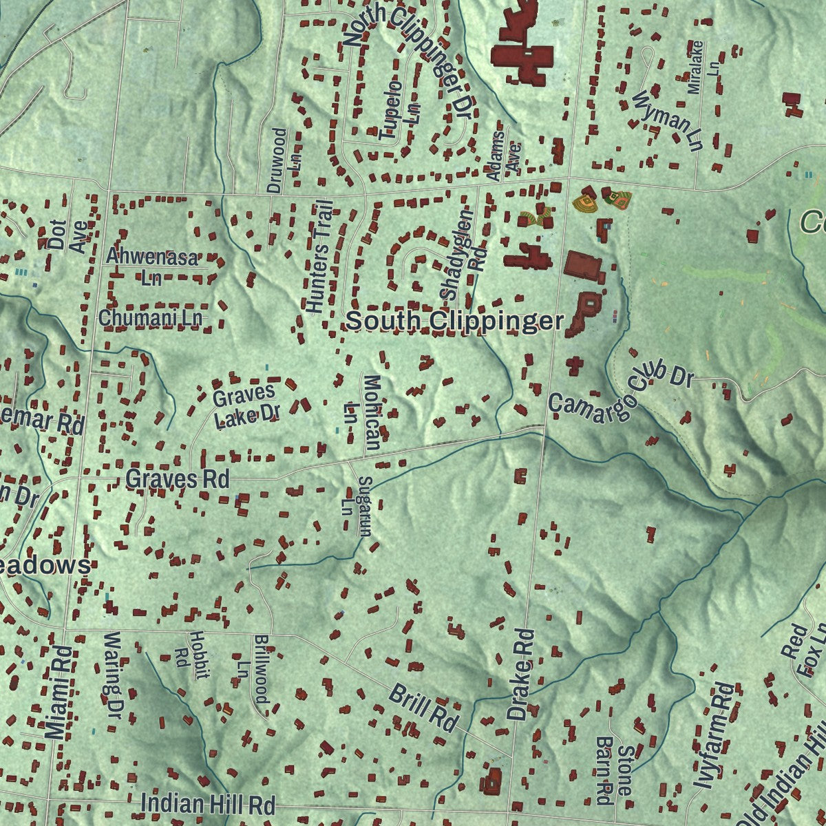 Close-up of the map of The Village of Indian Hill, Ohio print showing street and building detail