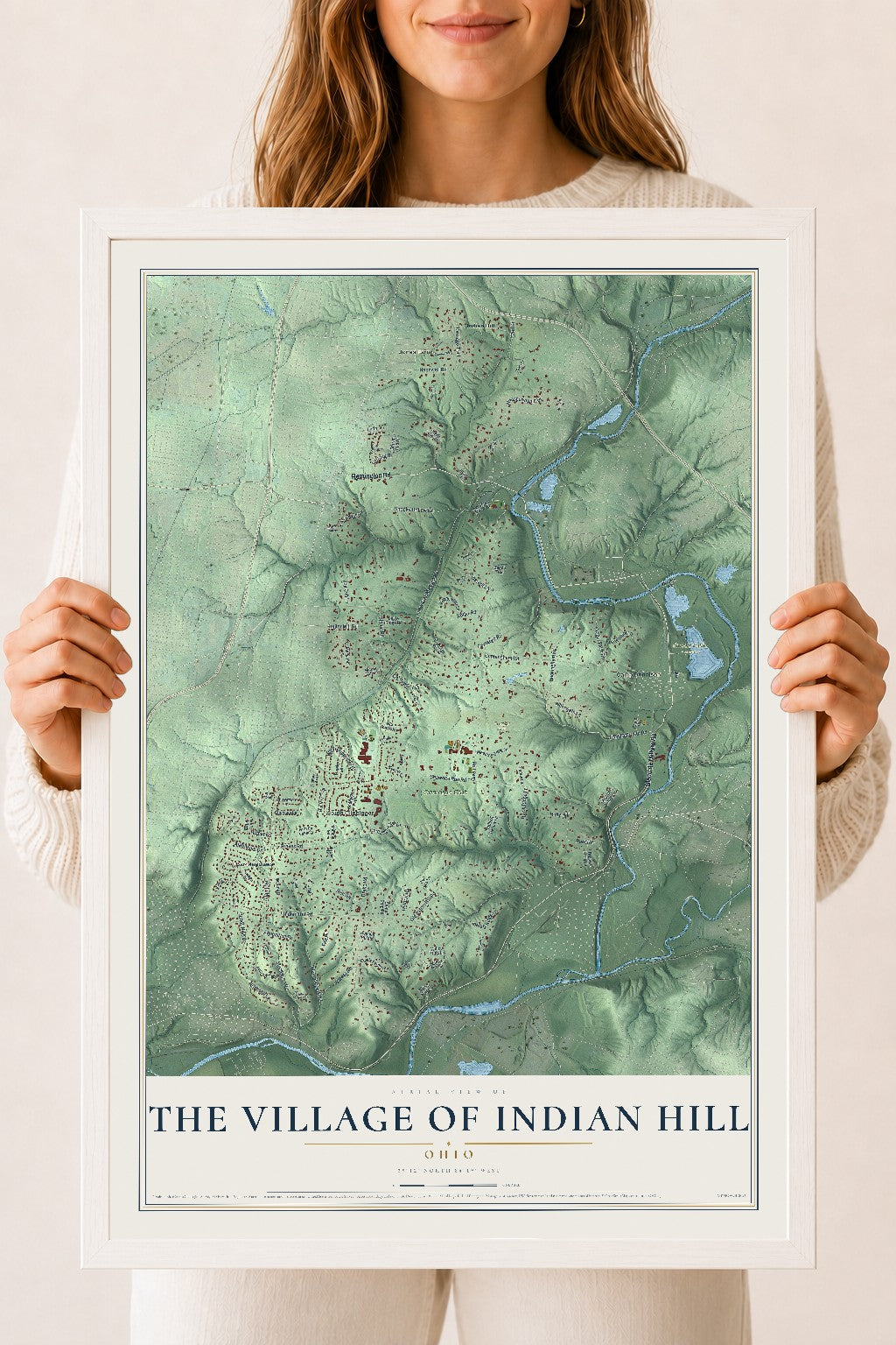 Map of The Village of Indian Hill, Ohio, 18 x 24 inch print in a white wood frame
