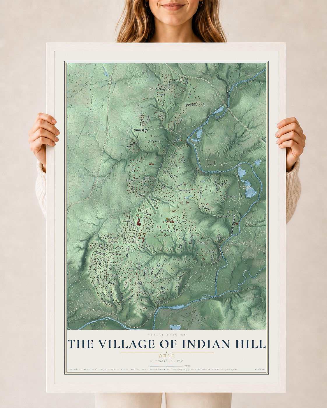 Map of The Village of Indian Hill, Ohio, 24 x 36 inch print in a white wood frame