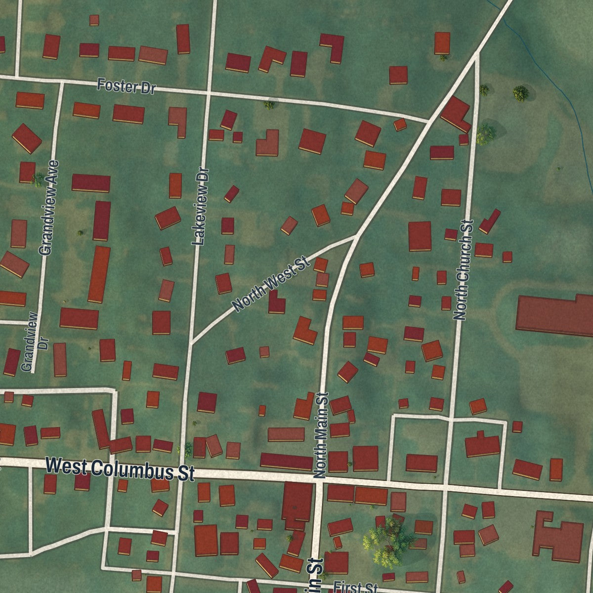 Close-up of the map of Thornville, Ohio print showing street and building detail