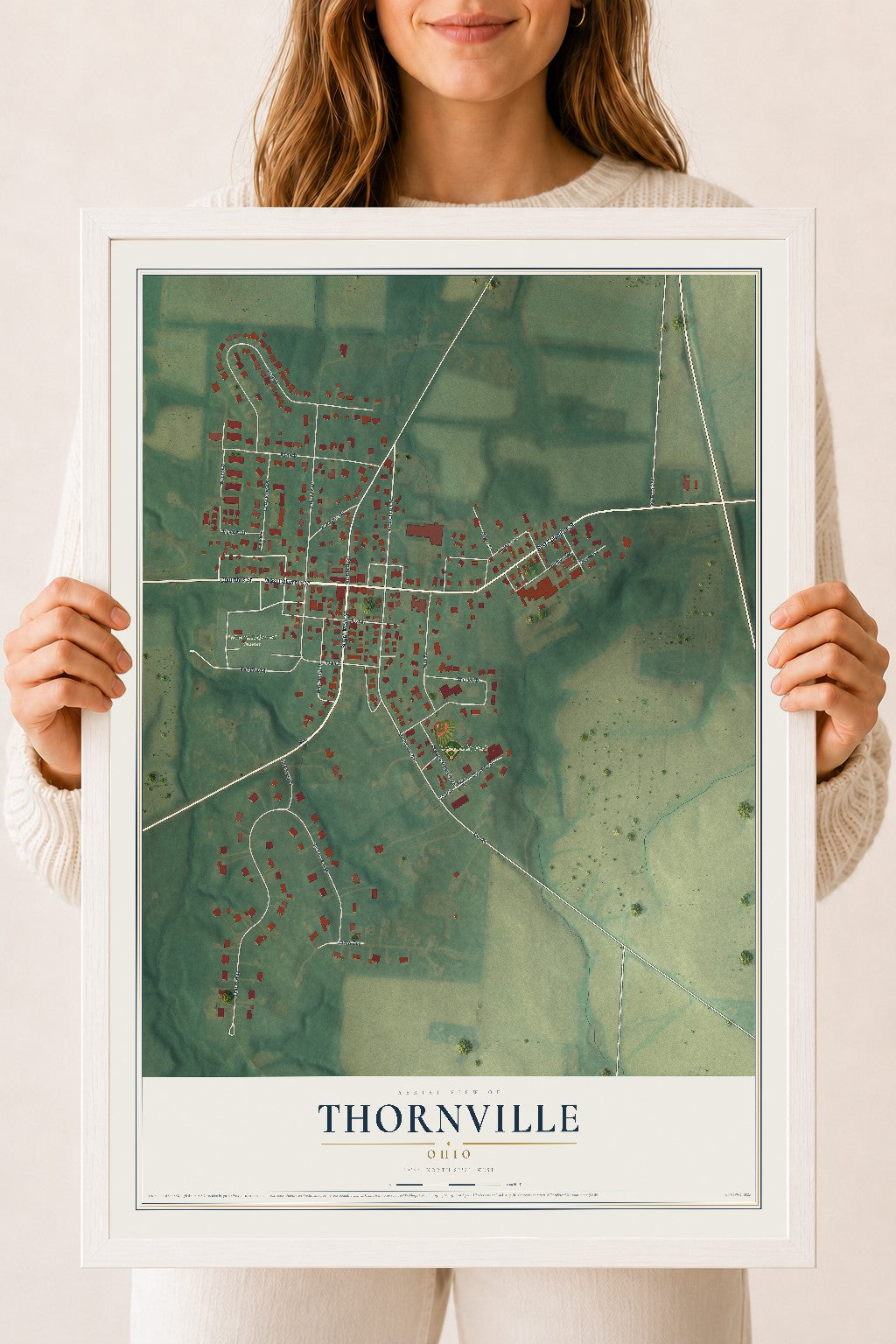 Map of Thornville, Ohio, 18 x 24 inch print in a white wood frame
